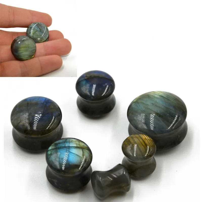 2PCS Organic Labradorite Stone Flesh Flare Ear Piercing Oreja Ear Plugs and Tunnels Saddle Ear Expanders for Women Men 8mm-25mm