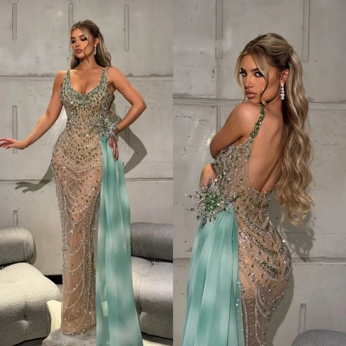 

Elegant Beaded Rhinestone Evening Dresses Customized Sexy Sleeveless Crystal Prom Dress Backless Side Train Party Gown