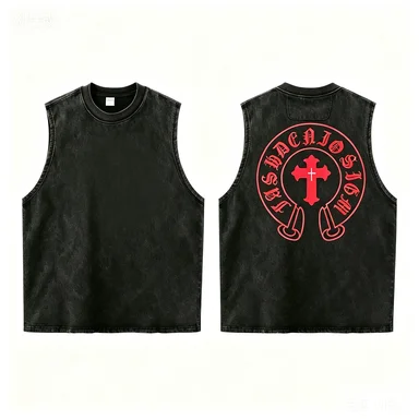 Vintage Gothic Sleeveless Shirt, Yellow Cross Horseshoe Graphic, Washed Black Dark Streetwear Tank, Casual Loose Fit view 2