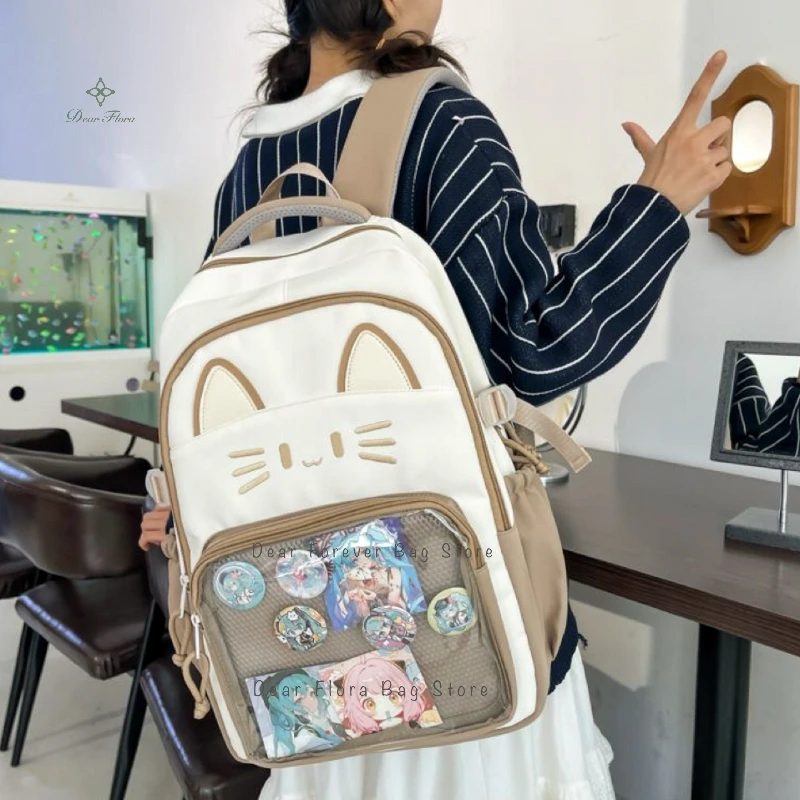 Y2K Cute Cat Ita Backpack Large Capacity Knapsacks Casual Girl Transparent DIY Display Rucksack Cartoon Trendy Travel Schoolbags