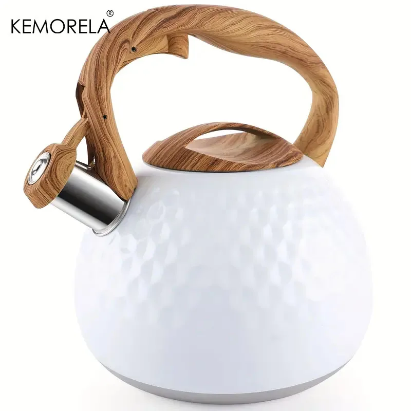 KEMORELA 3L Stainless Steel Heat-Resistant Hammer Pattern Whistle Sound Kettle Wooden handle Boiling Kitchenware Gas Induction