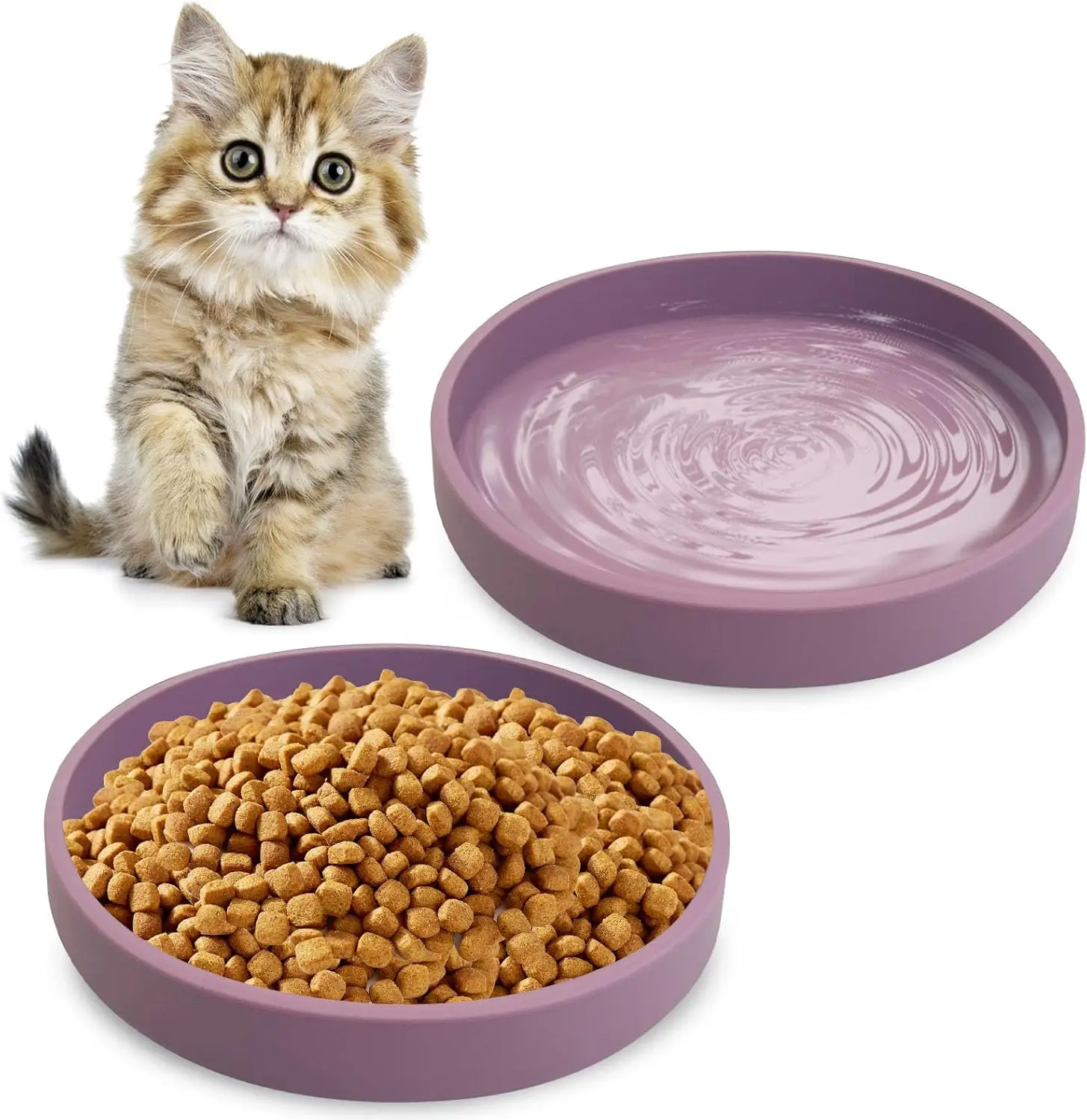 Shallow Silicone Cat Bowls 5.9in Wide, Set of 2, Flat Pet Dishes for Dry & Wet Food, Purple