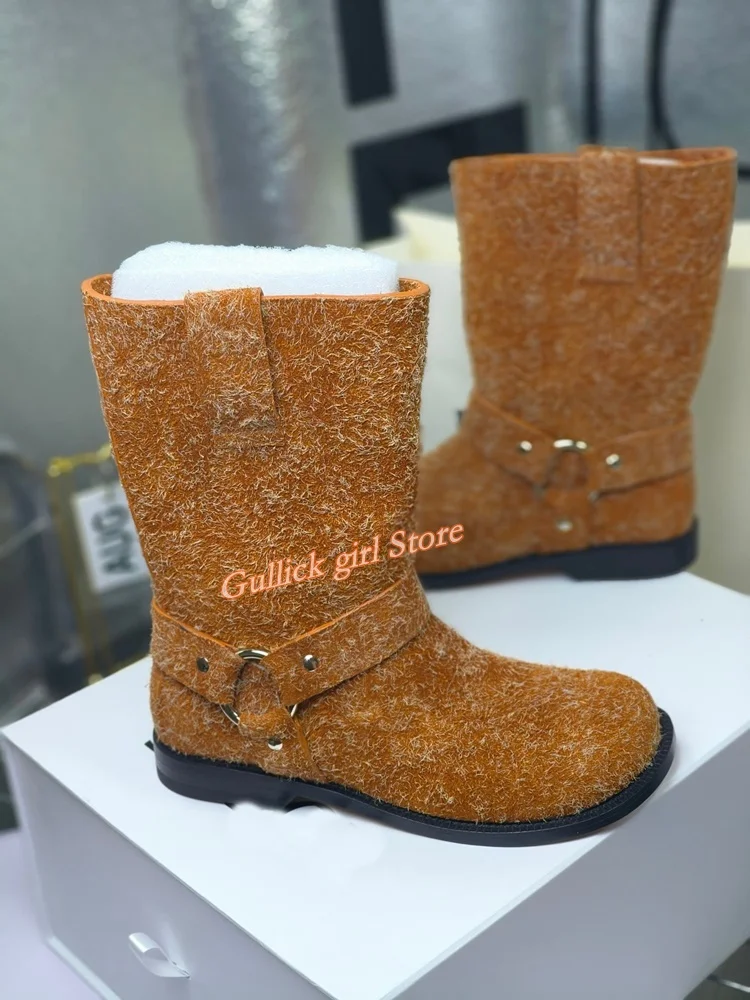 2024 Winter Boots Big Round Toe Buckle Strap New Arrival Slip On Elastic Stretch Fabric Cow Suede Flat With Black Mid Calf Boots