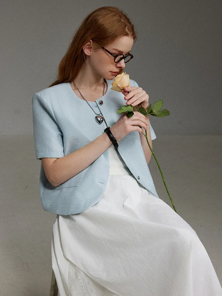 

Ele Blue ort Sve round Ne Women's Jaet Single Button Spring Summer New Sle Commute Sle Straight Cut Outerwear