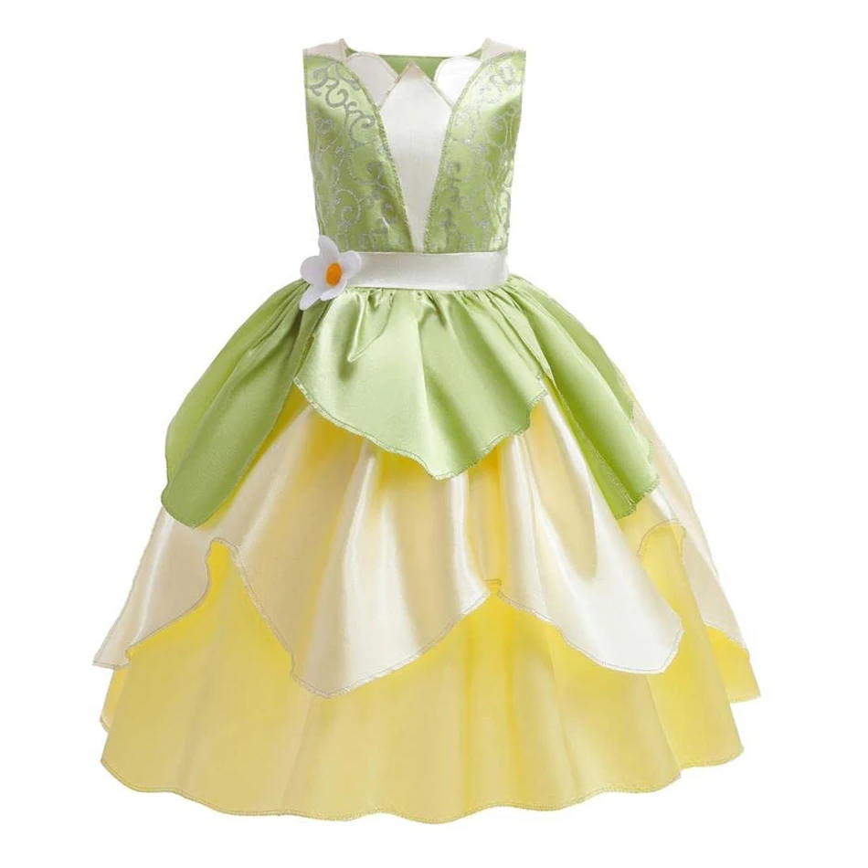 Princess Tiana Dress Girls Disney The Princess And The Frog Cartoon Cosplay Costume Halloween Party Costume Kid Green Fairy Sets