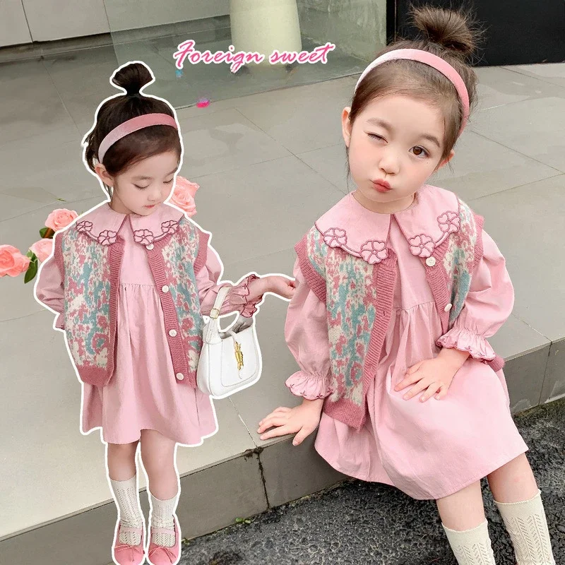 Girls Sweater Vest Dress Ssuit 2024 Autumn New Style Children Shirt Dress Two-piece Set   Girl Outfit Set 2-8y Kids Clothes