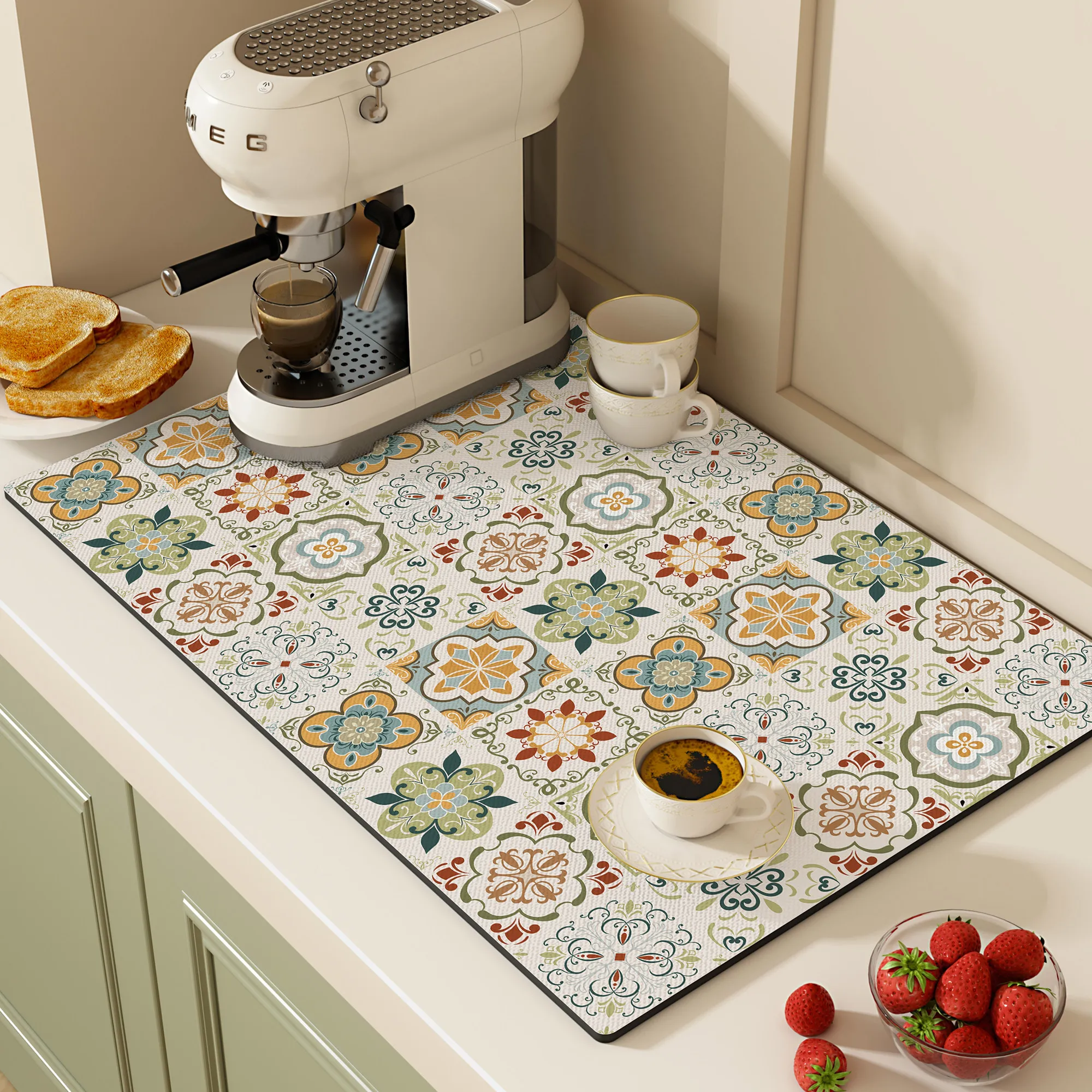 VIKAMA Retro Moroccan Tile Drying Mat Colorful Floral Geometric Print Non Slip Absorbent Pad For Espresso Kitchen Counter Decor