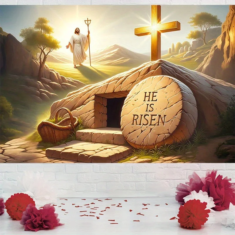 لافتة عيد الفصح الكبيرة المسطحة 2D "He is Risen" - زخارف حفلات الربيع الدينية مع مقبرة حجرية ومشهد البيض المرقط #1
