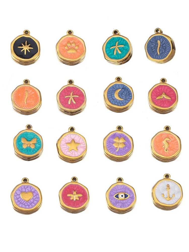 8 stuks goudkleurig roestvrij staal emaille hart oog zon ster ronde charme hangers DIY oorbellen ketting sieraden maken benodigdheden - afbeelding 2