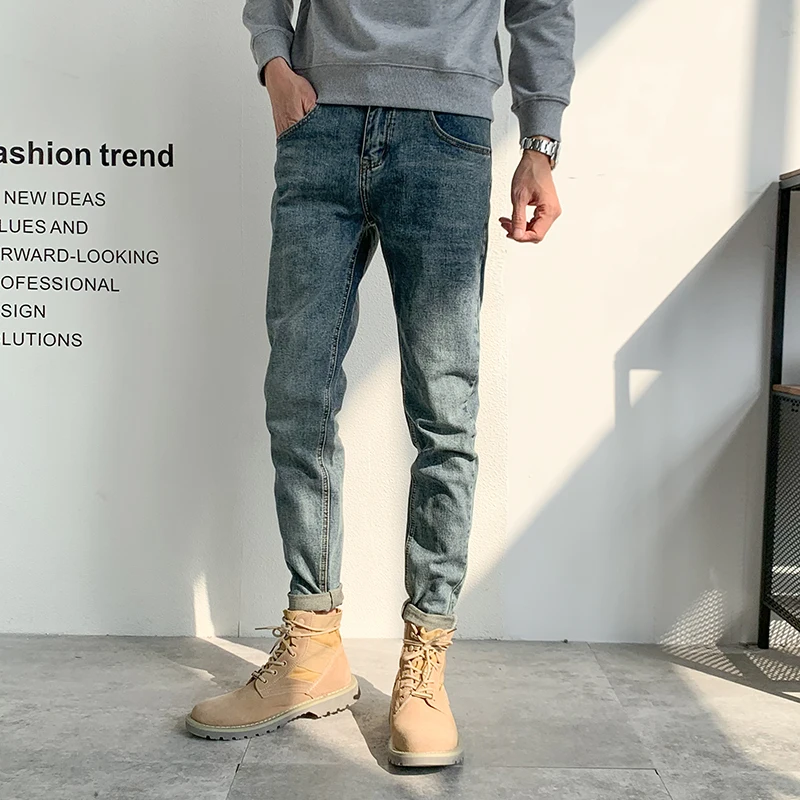

Deep Blue Fce Lined Slim Fit Men's Jeans Trendy Winter Boot Cut Straight Leg Long Pants Cotton Polyester Spandex Blend