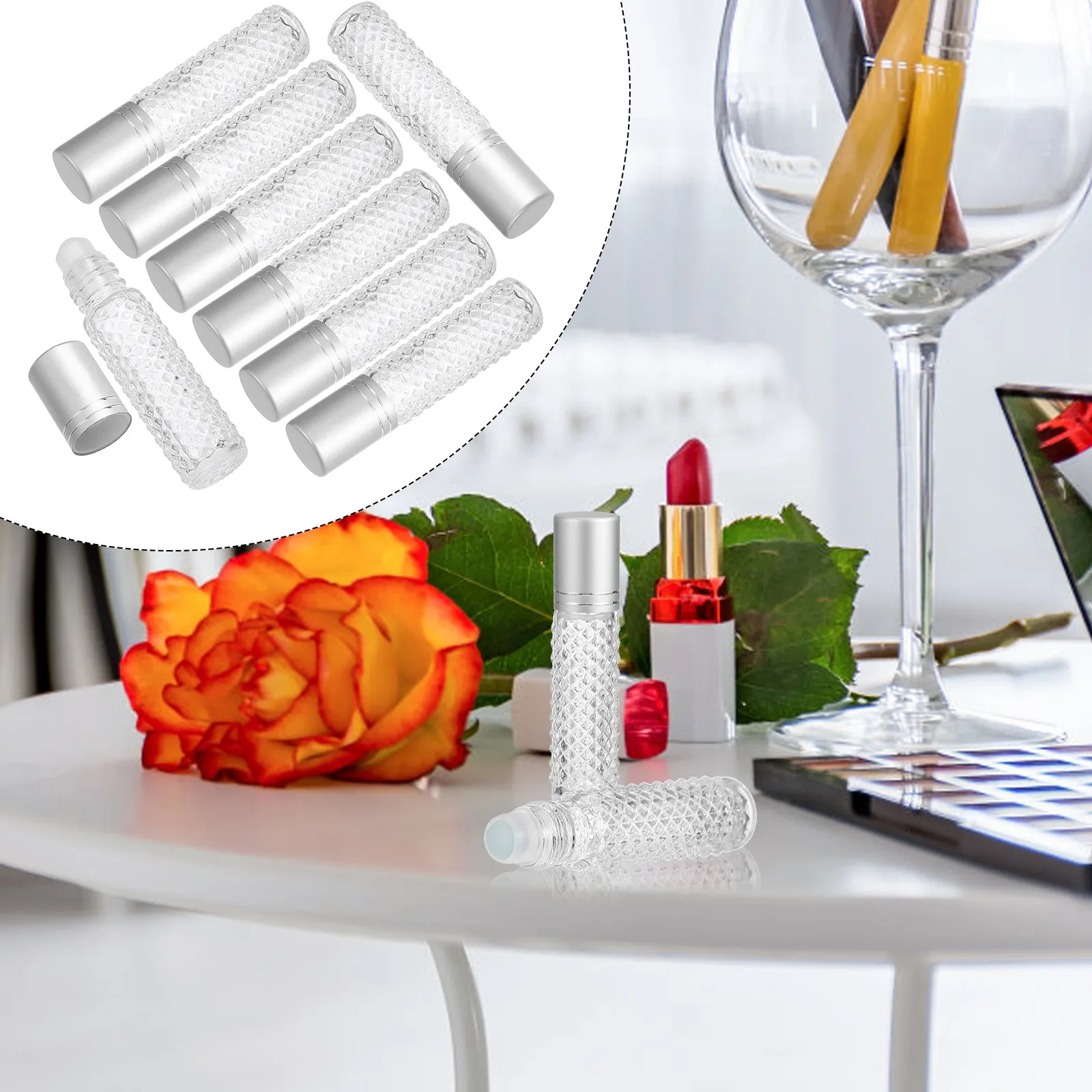8Pcs 10Ml Refillable Glass Roll on Bottles Massage Roller Ball Design Leak Proof Pocket Size for Essential Oils Perfume Airline