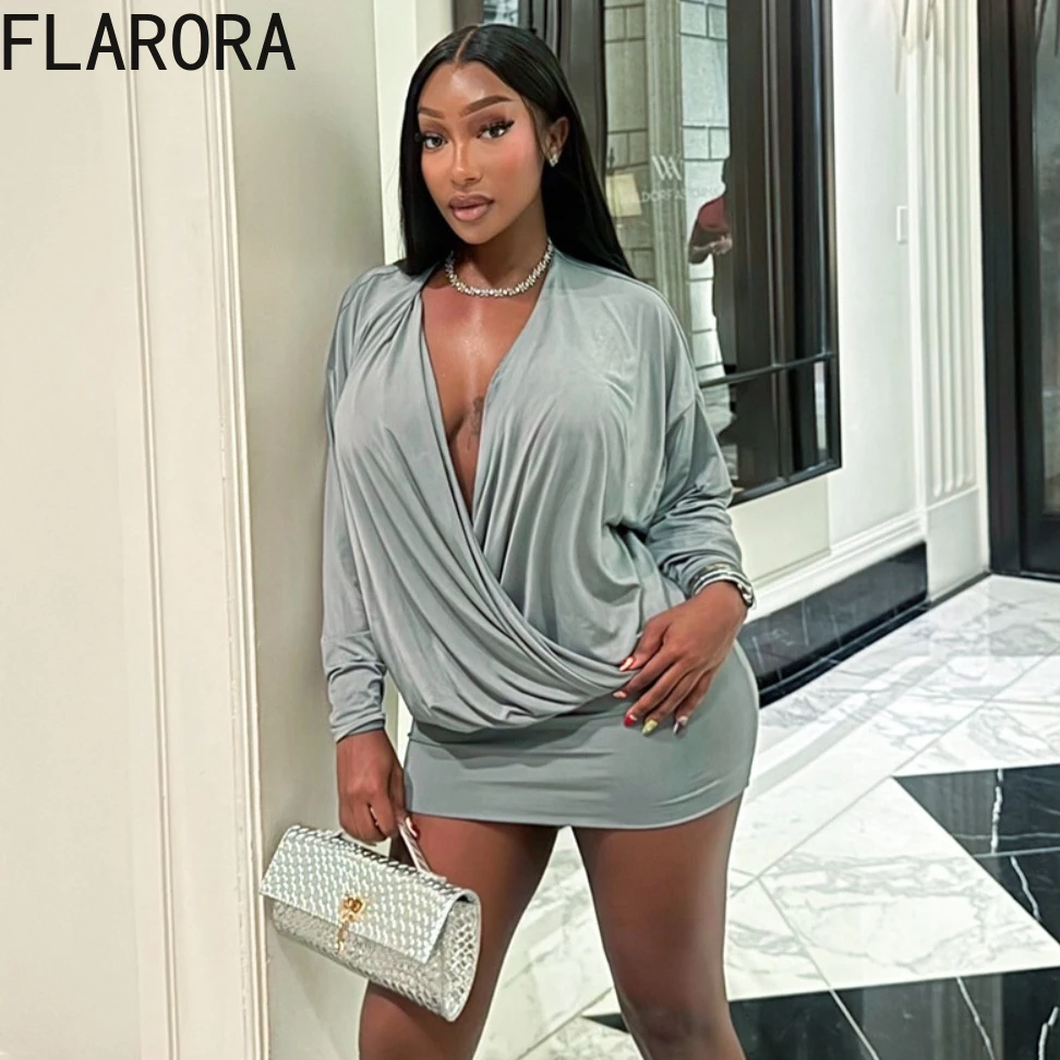 

FLARORA Sexy V Neck Folds Mini Dress Woman Patchwork Batwing Sleeve Peach Hip Bodycon Dresses Elegant Party Clubwear Vestidos