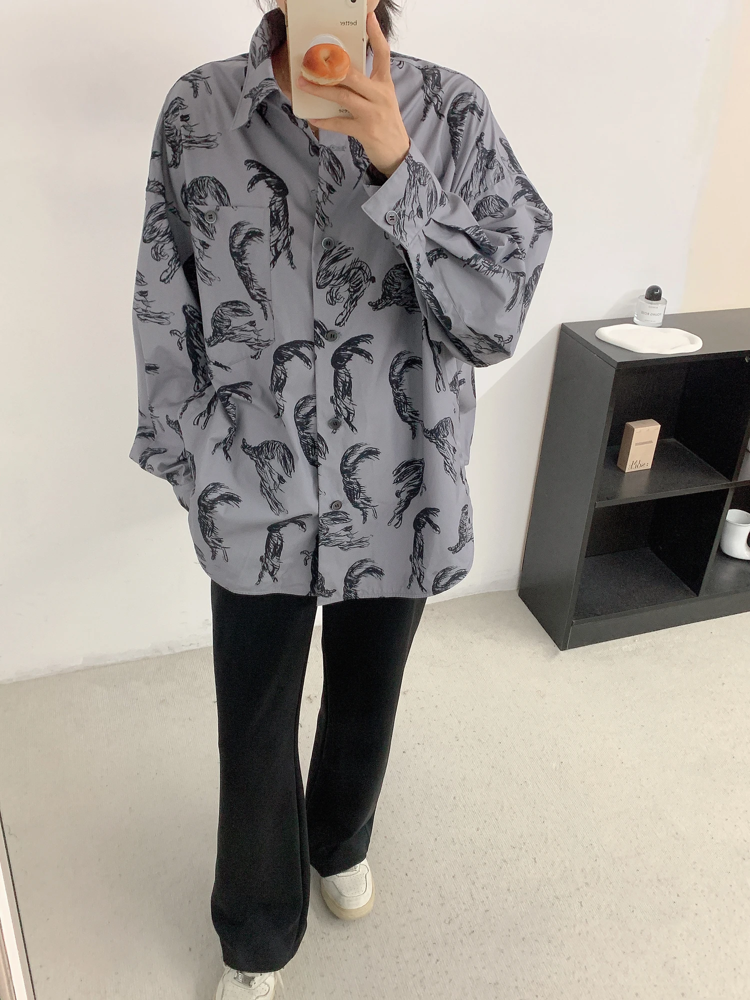 

Cotton Shirts Women's Loose Long Sleeve Button-Up Printed Pocket Spring Summer Casual Style Pure Cambric Full-Length Coat