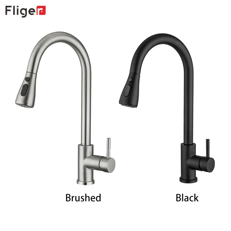 Fliger Black Kitchen Faucet Pull Out Spout Kitchen Sink Mixer Tap Stream Sprayer Head Hot and Cold Water Taps Deck Mounted