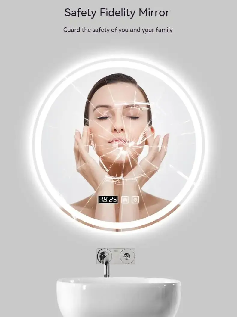 20inch Round LED Bathroom Mirror Anti-Fog Touch Control Colors Dimmable Backlit Smart Wall Mirror IP44 Waterproof 110V-220V