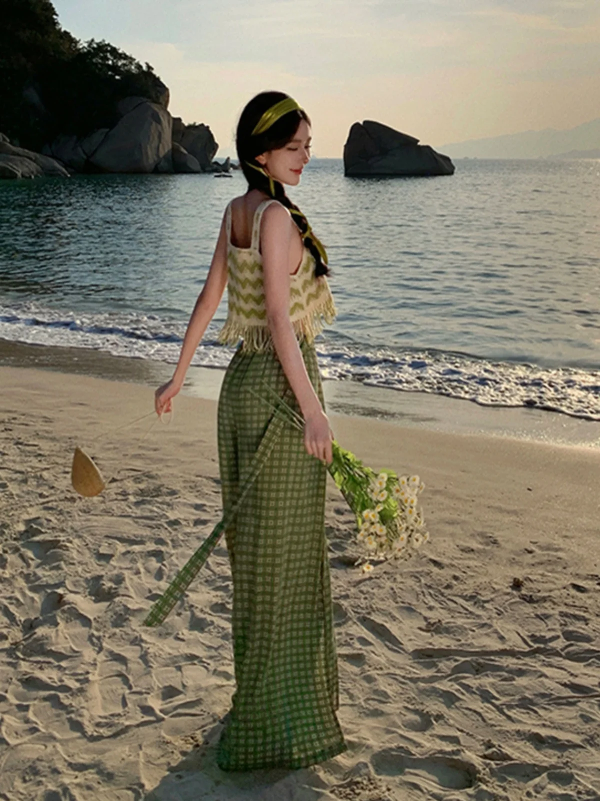 ハイウエストワイドレッグパンツ女性の旅行衣装n Sleシービーチホリデーファイオン非対称ヘムラインシフォンパンツ