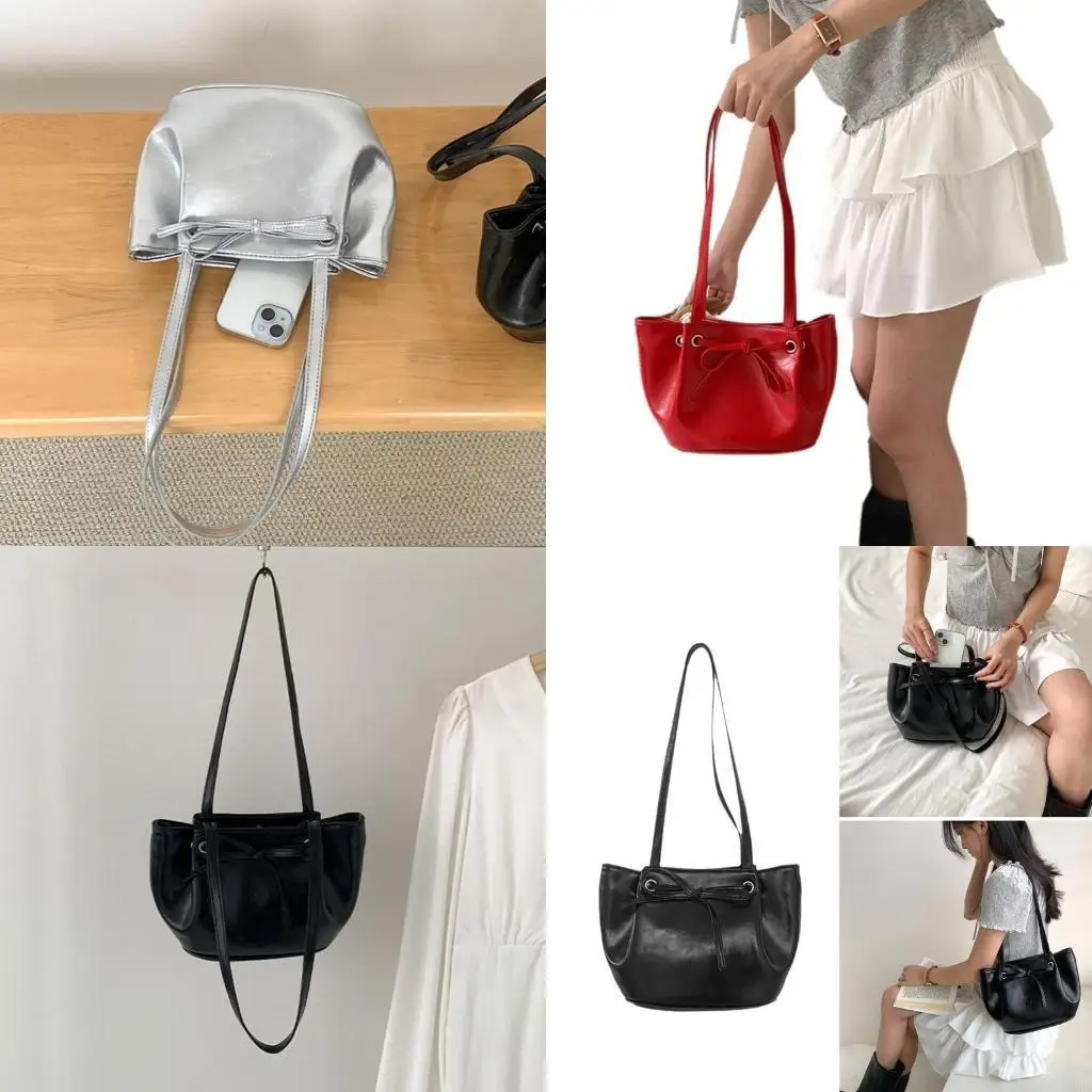 

Сумка большой емкости с милым бантом для женщин, кошельки из искусственной кожи, модная сумка подмышки, простая однотонная сумка