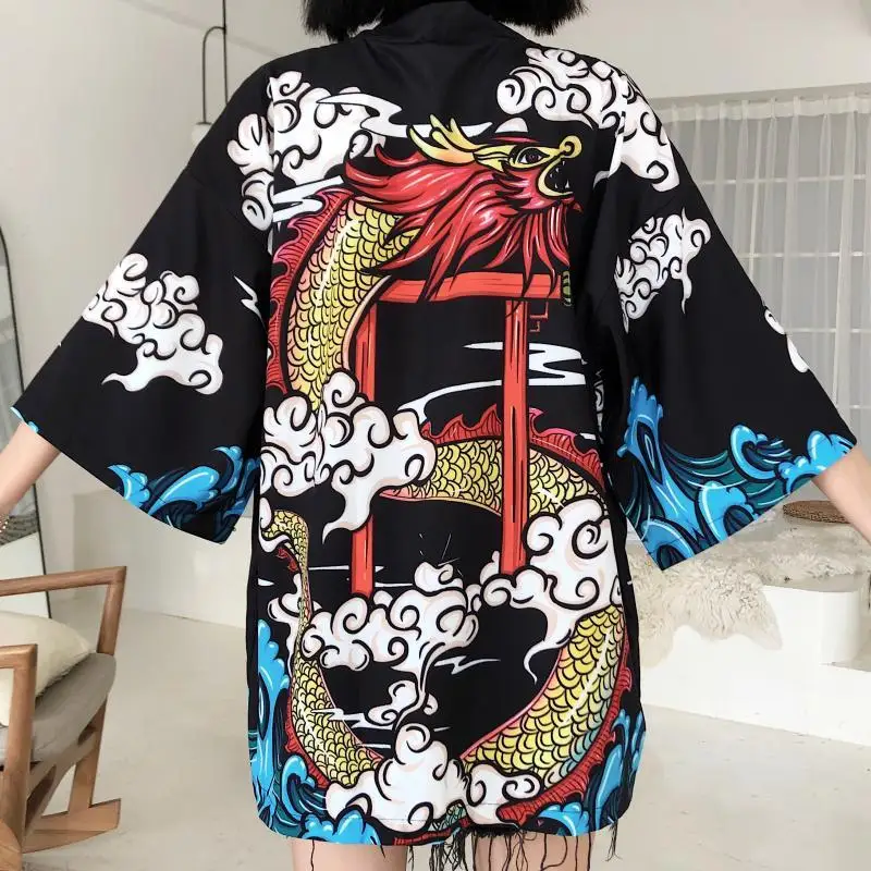 Year of the Dragon printed haori Qilin Harajuku style Chinese street fashion vintage couple cardigan three-quarter sleeve coat w