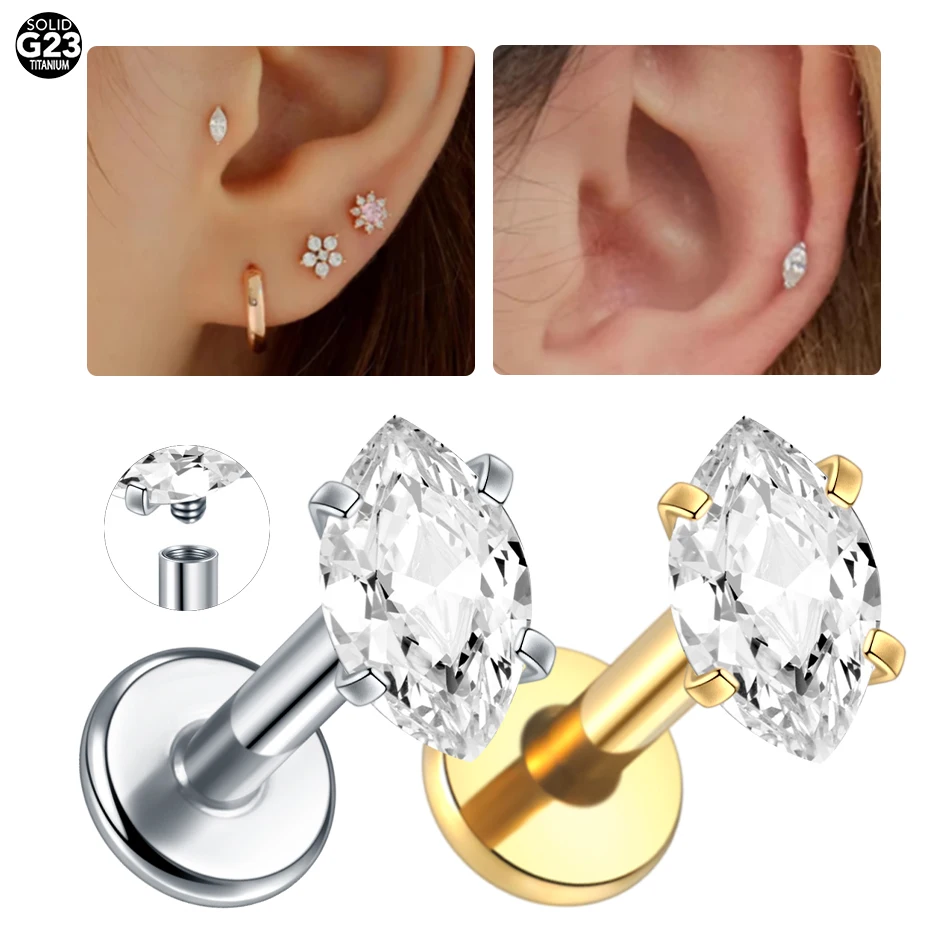 1/5PCS G23 Titanium Marquise Labret CZ Zircon Ear Tragus Cartilage Flat Back Earring Piercings Internally Thread Lip Jewelry 16G