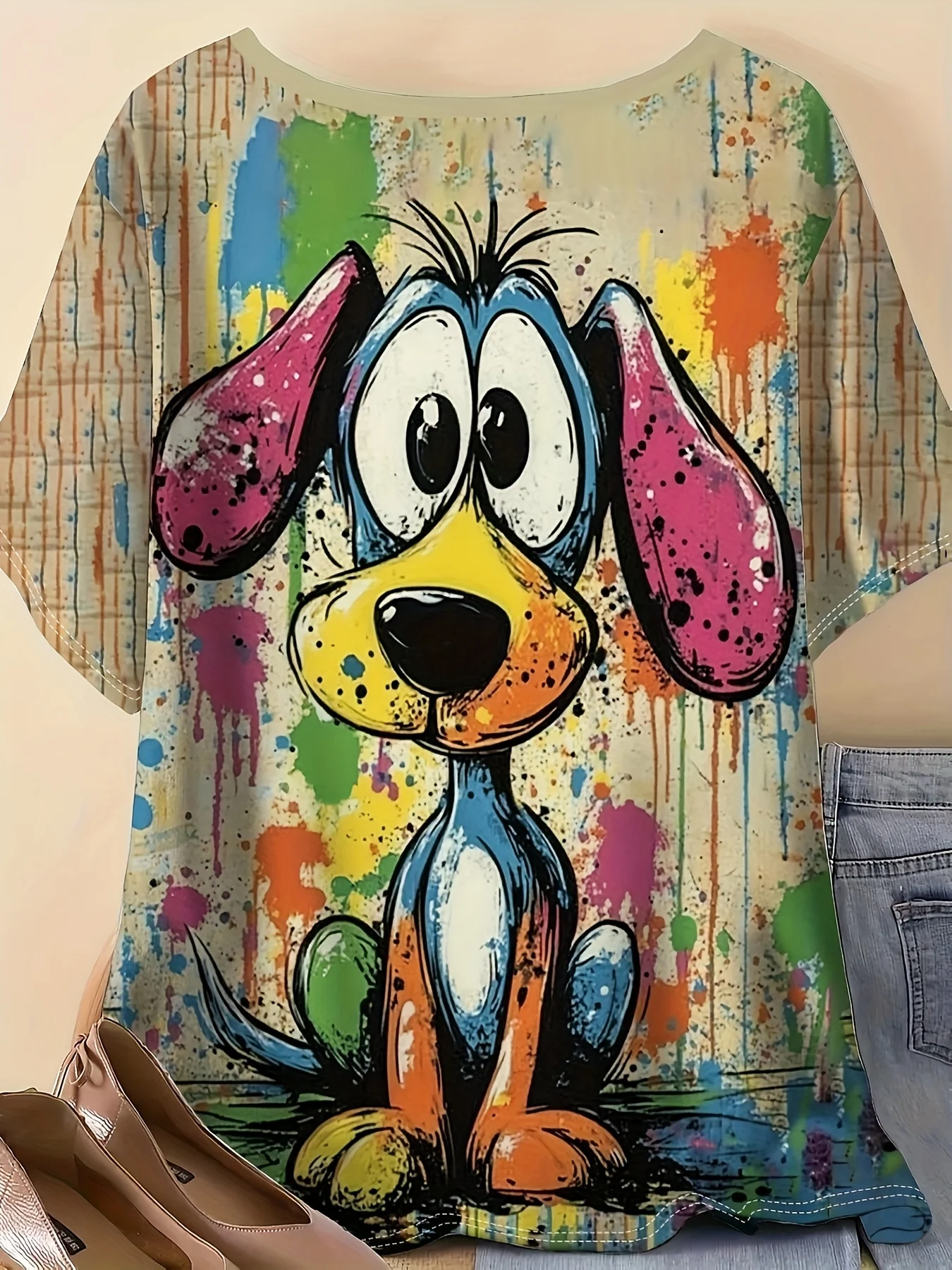 Women Boat Neck Short Sleeve T‑shirt Cartoon Dog Graffiti Splash Ink Colorful Art Print Summer Casual Top