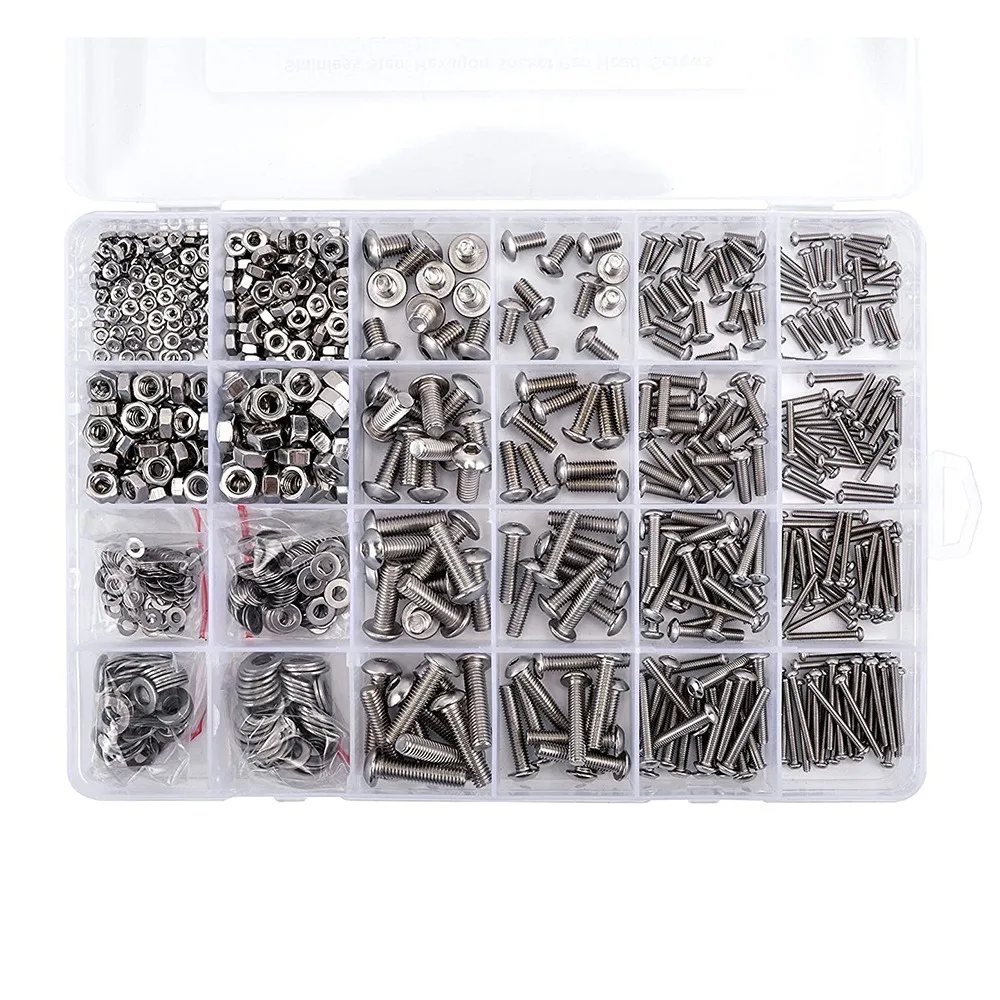 880 STKS 304 Rvs Hex Socket Pan Head Studs Schroeven Moeren Platte Ringen Assortiment Kit voor DIY & Industrieel Gebruik