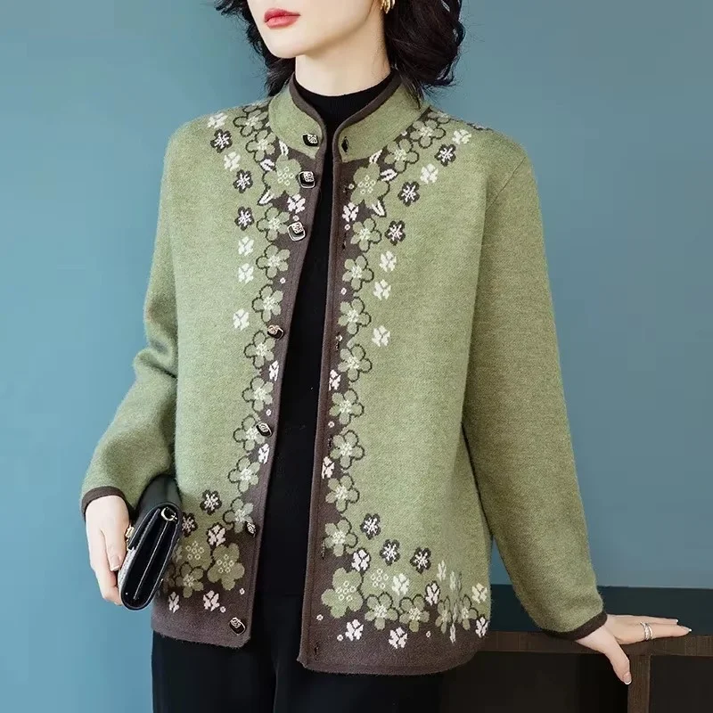 Autumn Winter Green Knitted Cardigan Sweater Coat New Temperament Noble Women Elegant Jacquard Sweater Jacket Knit Ladies Tops