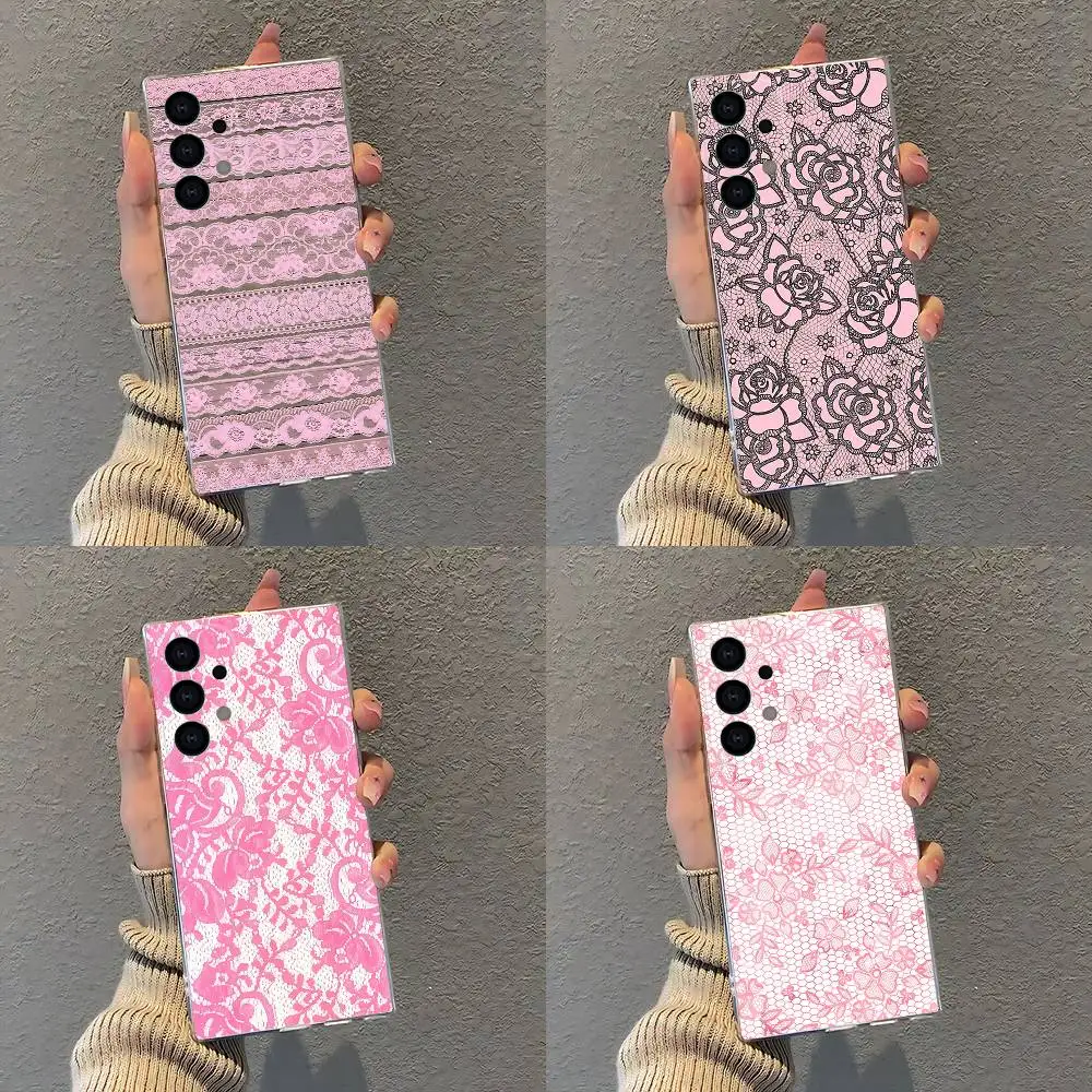 Coque de téléphone Vintage en dentelle rose, étui Ultra Transparent pour Samsung S30,S25,S24,S23,S21,S22,S20,S10,5G,FE,lite,PIus