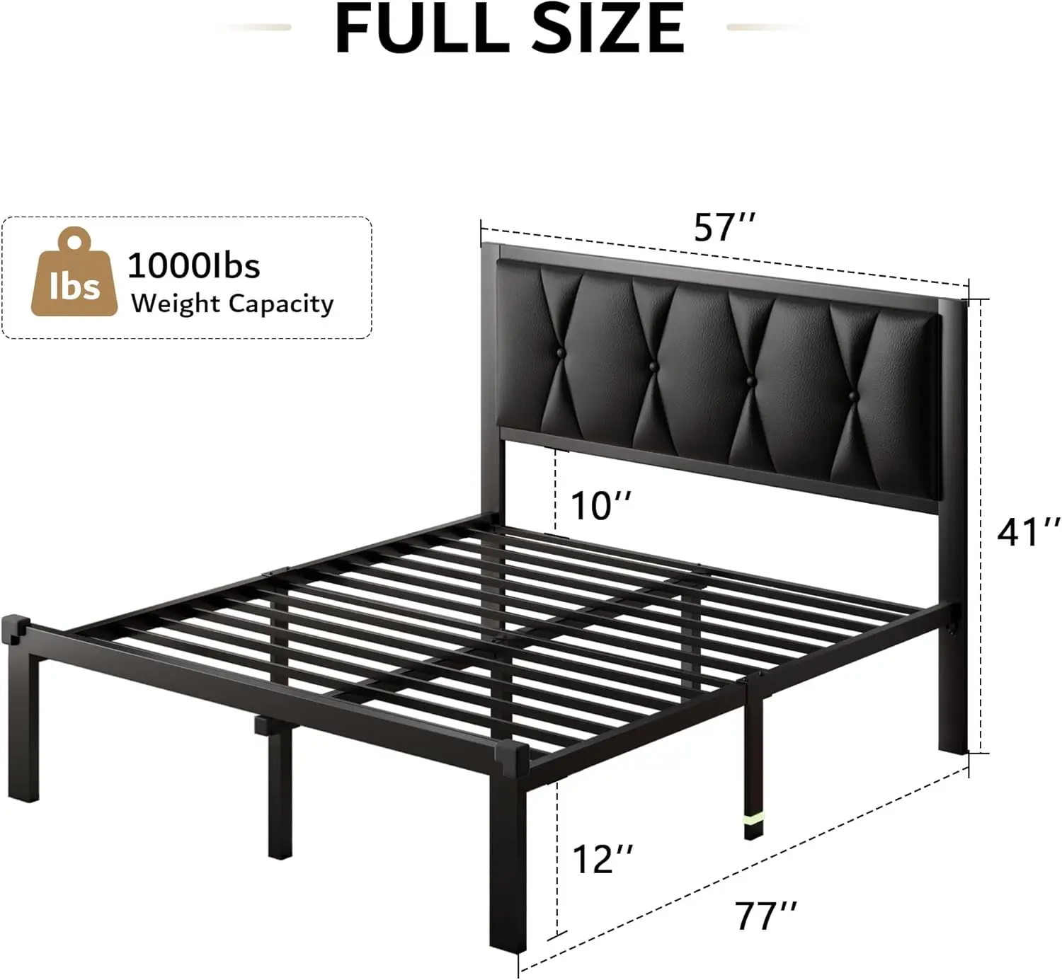 Full Size Metal Bed Frame, Faux Leather Button Tufted Headboard Platform Bed, Steel Slats Support, 12