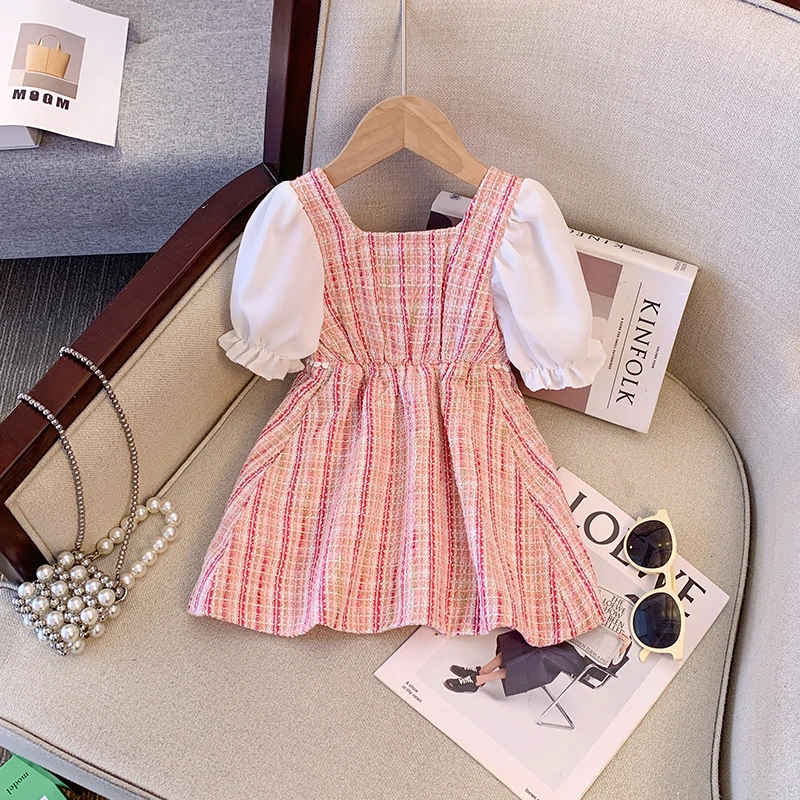 Summer Kids Girl Clothes Toddler Baby Girl Elegant Dress Puff Short Sleeve Pearls Button Party Dresses Outfit Sets For Children