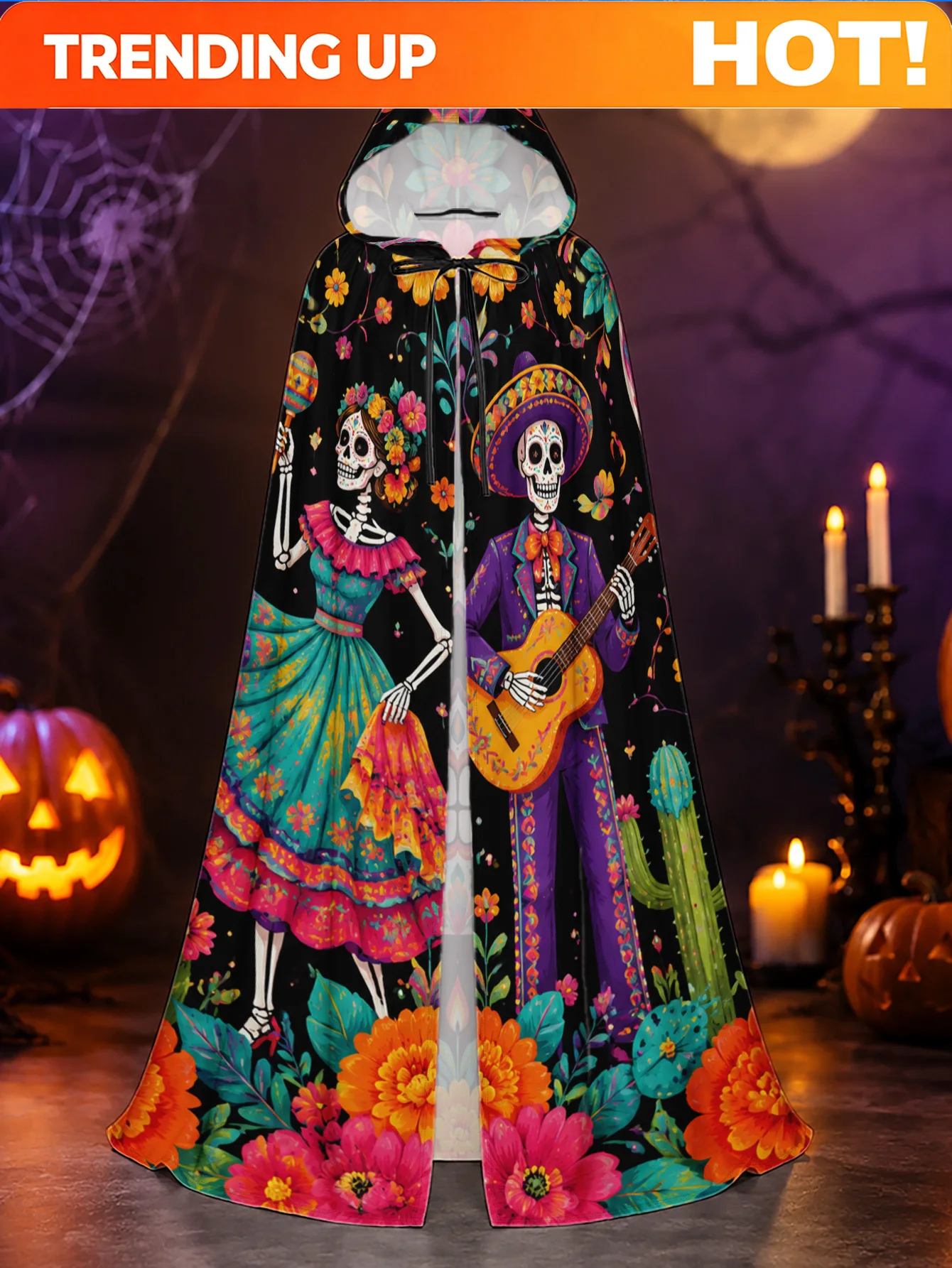 Customization 1pc, Hooded Witch Cape Featuring Day Of The Dead Celebration Pattern, Polyester Costume Robe For Men And Women,