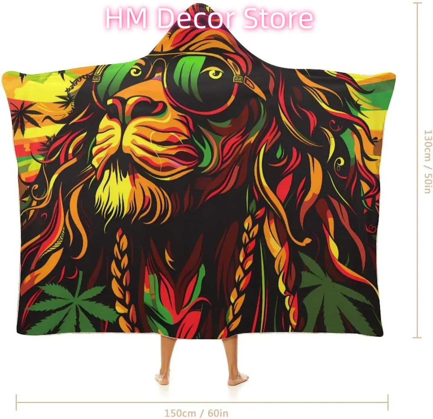 Weed Rasta Liones Jamaica Flag Wearable Hooded Blanket Soft Hoodie Blanket Throw Blankets Cloak