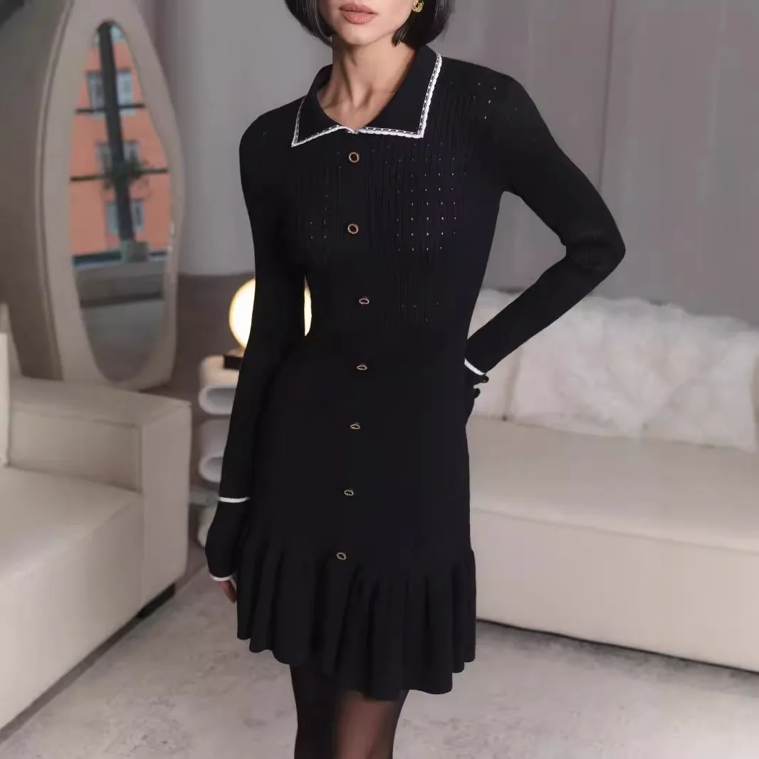 

Потертое платье с длинными рукавами и отложным воротником на пуговицах, осень-зима 2023, однобортное трикотажное платье, халат, женское платье