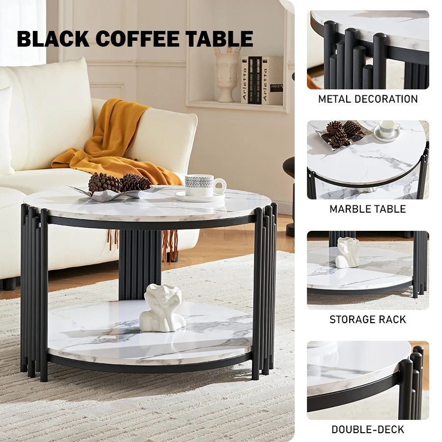 28.35-inch Small Round Coffee Table, Open-shelf Furniture With Storage Space, Faux Marble Top And Sturdy Metal Legs