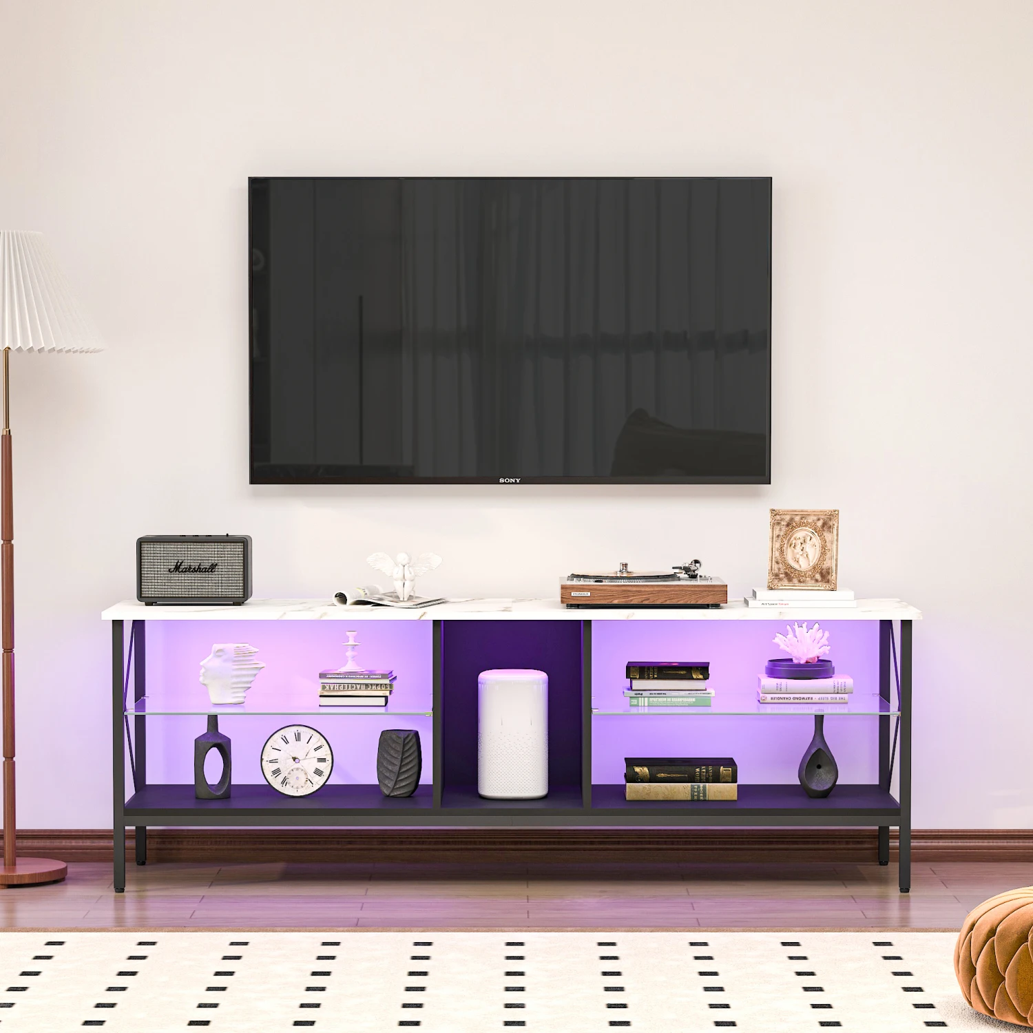 TV stand,Iron TV cabinet,entertainment center, TV set, media console, with LED lights, remote control,toughened glass stand,can