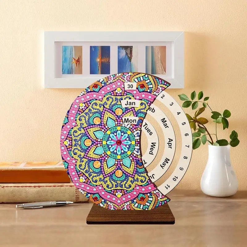 

Perpetual Desk Calendar Ornament Arts & Crafts Calendar Rhinestone Painting Wooden Rotating Calendar Desk Decor Round Shaped