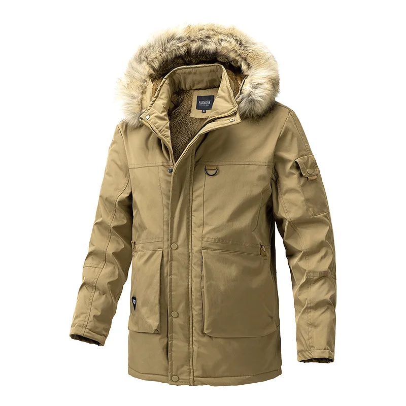 Men Fur Hood Parka Jacket Thick Fleece Lined Multi Pockets Windproof Mid Length Warm Winter Outdoor Coat Thermal Heavy Outerwear