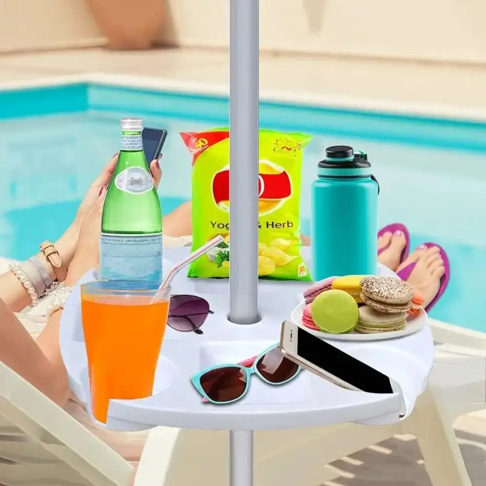 Round Beach Umbrella Table Tray with 4 Cup Holders Plastic Umbrella Table Cup Holders Beaches Swimming Pools 4 Snack Grids