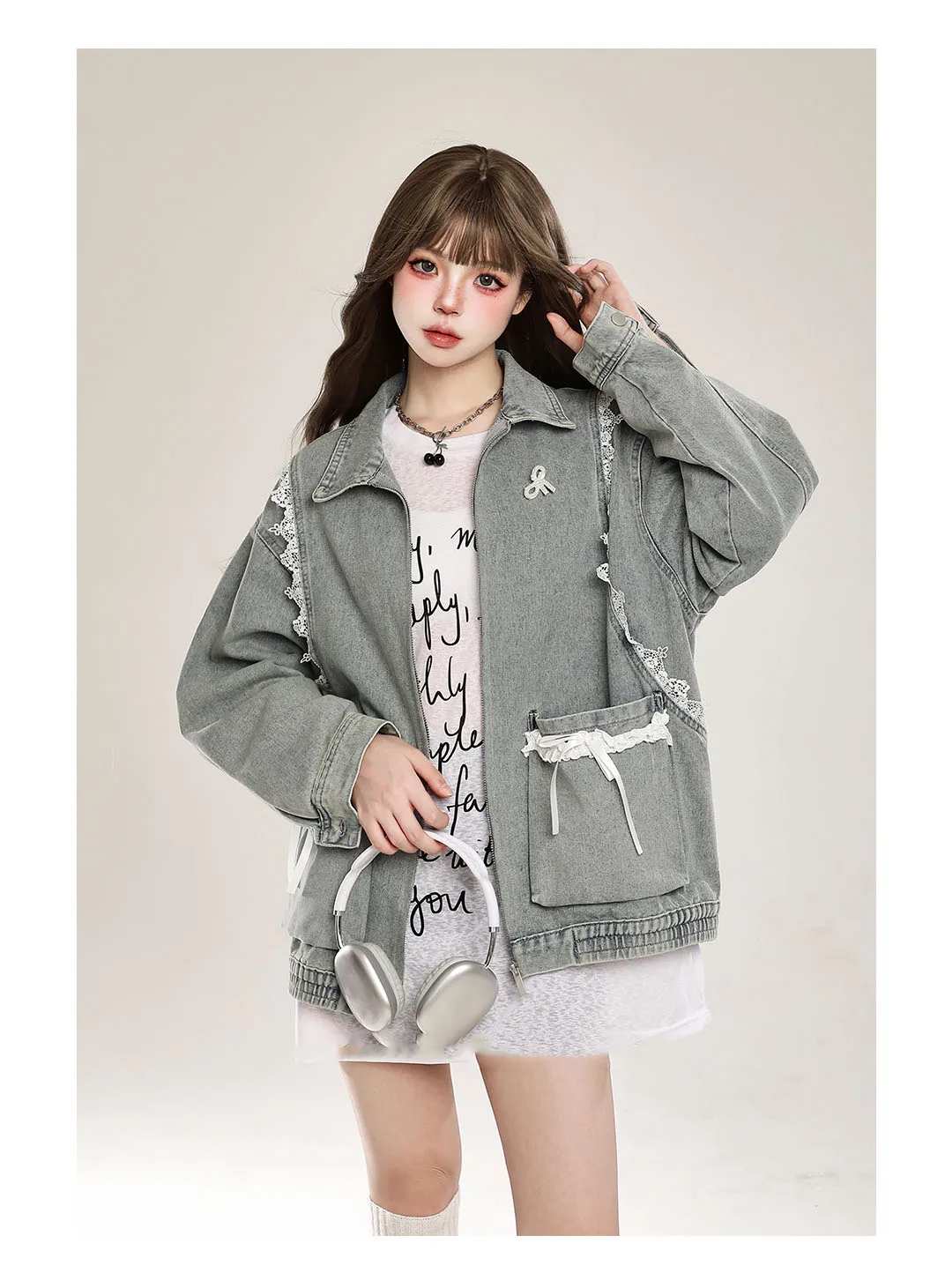 Kawaii Bow Lace Cowboy Jacket for Women, Cuteore Girl Hooded Clothes, Y2k Casual Harajuku Hoodies Jacket, Fashion Coat, Korea, 2000s