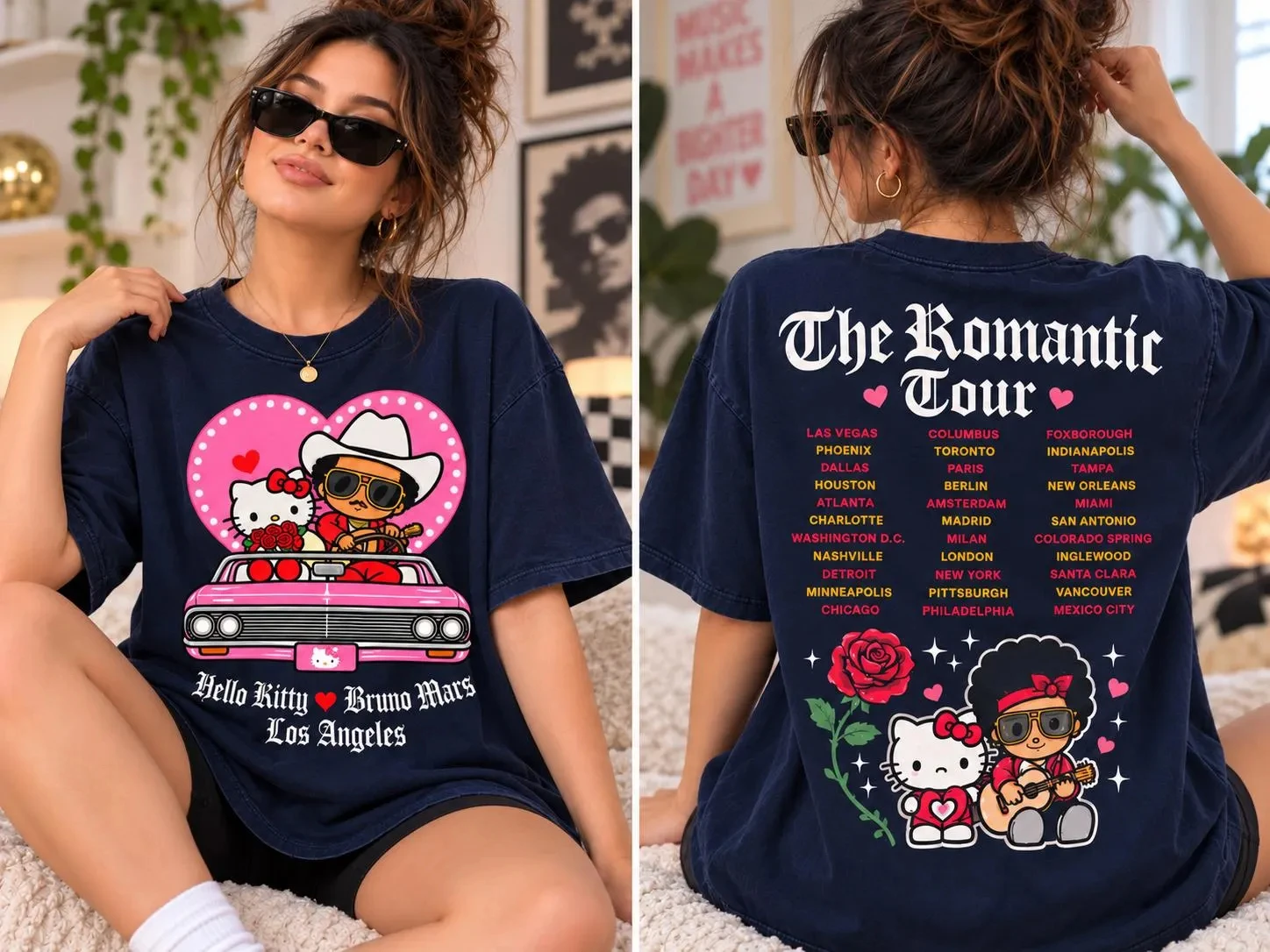 Bruno Mars Hello Kitty Heart Graphic T-Shirt, The Romantic Tour Tee Cute Retro Kawaii Short Sleeve Pop Fan Casual Streetwear Top