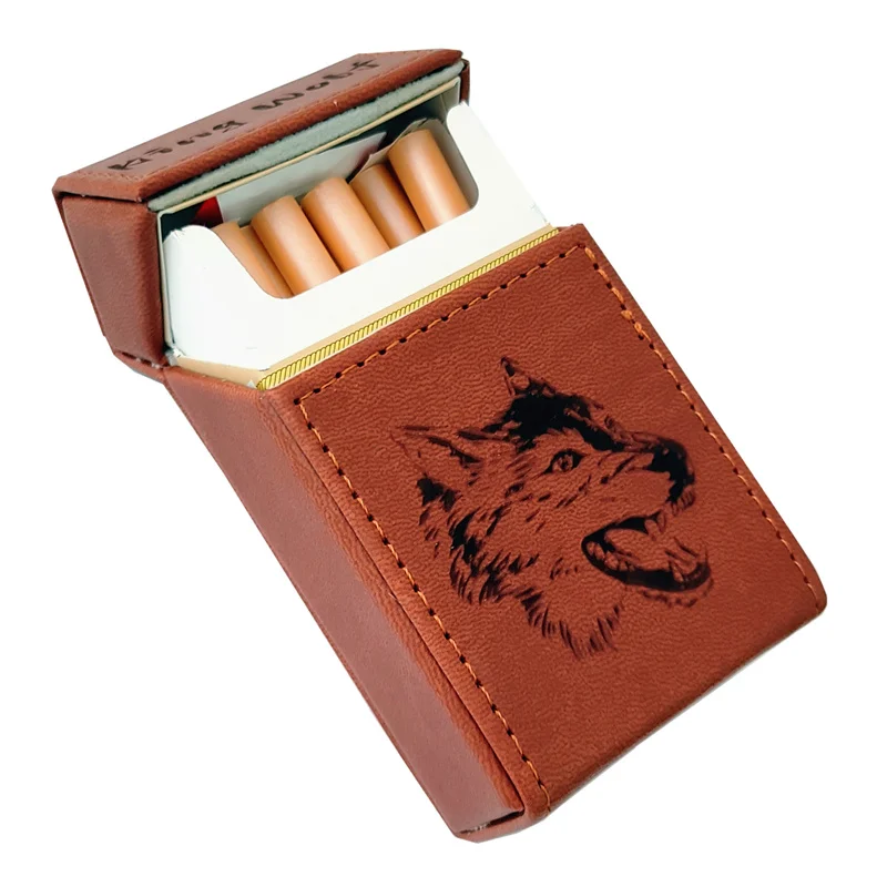 Hi Quality PU Leather Magnetic Cigarette Case 20 Pcs Whole Pack Laser Engraved Pattern King Wolf Smoking boxes