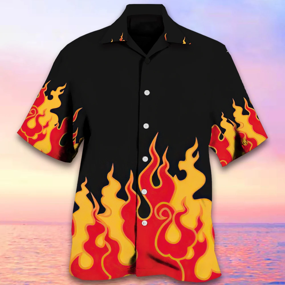 Summer Flame Pattern Men\'s Shirt 3D Print High Quality Hawaii Cuban Clothing Daily Collar Holiday Casual Designer Short-sleeved