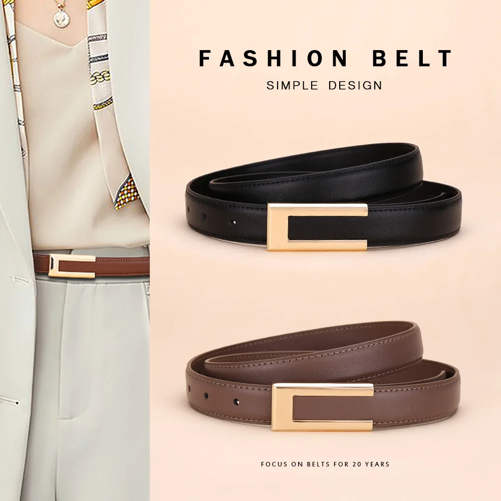 Bright Gold Buckle Belt Women's Cowhide Fashion Waistband Versatile Smooth Buckle Dress Decoration Pants Belt for Women