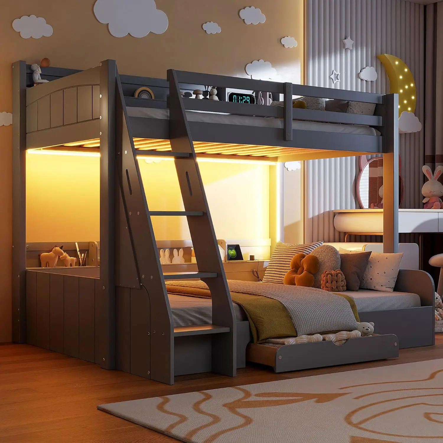 

Twin Over Full Bunk Bed with Storage Shelves, Charging Station (USB & Outlets), LED Lights & Drawer, Solid Pine Wood, Safety Gua