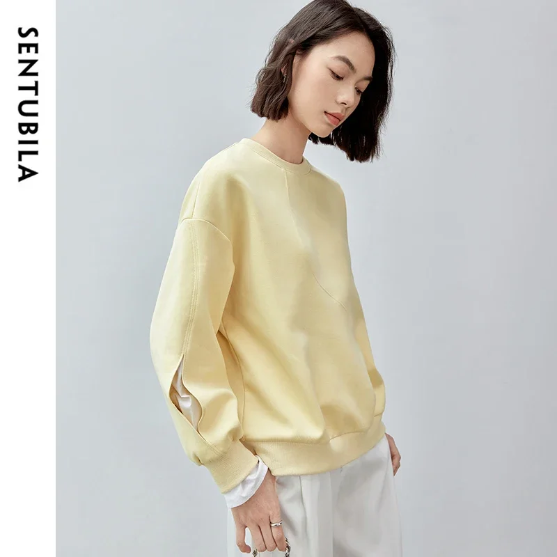 SENTUBILA Casual Cotton Sweatshirt for Women 2024 Autumn Fashion Patchwork Cuffs O Neck Long Sleeve Pullovers Ladies 143A57365X