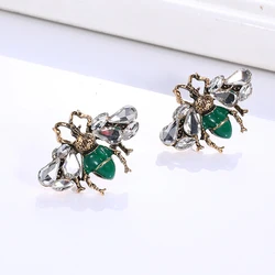 Art Deco Jewelry Vintage Gold Color Crystal Rhinestone Insect White Red Green Enamel Bumble Bee Stud Earrings for Women