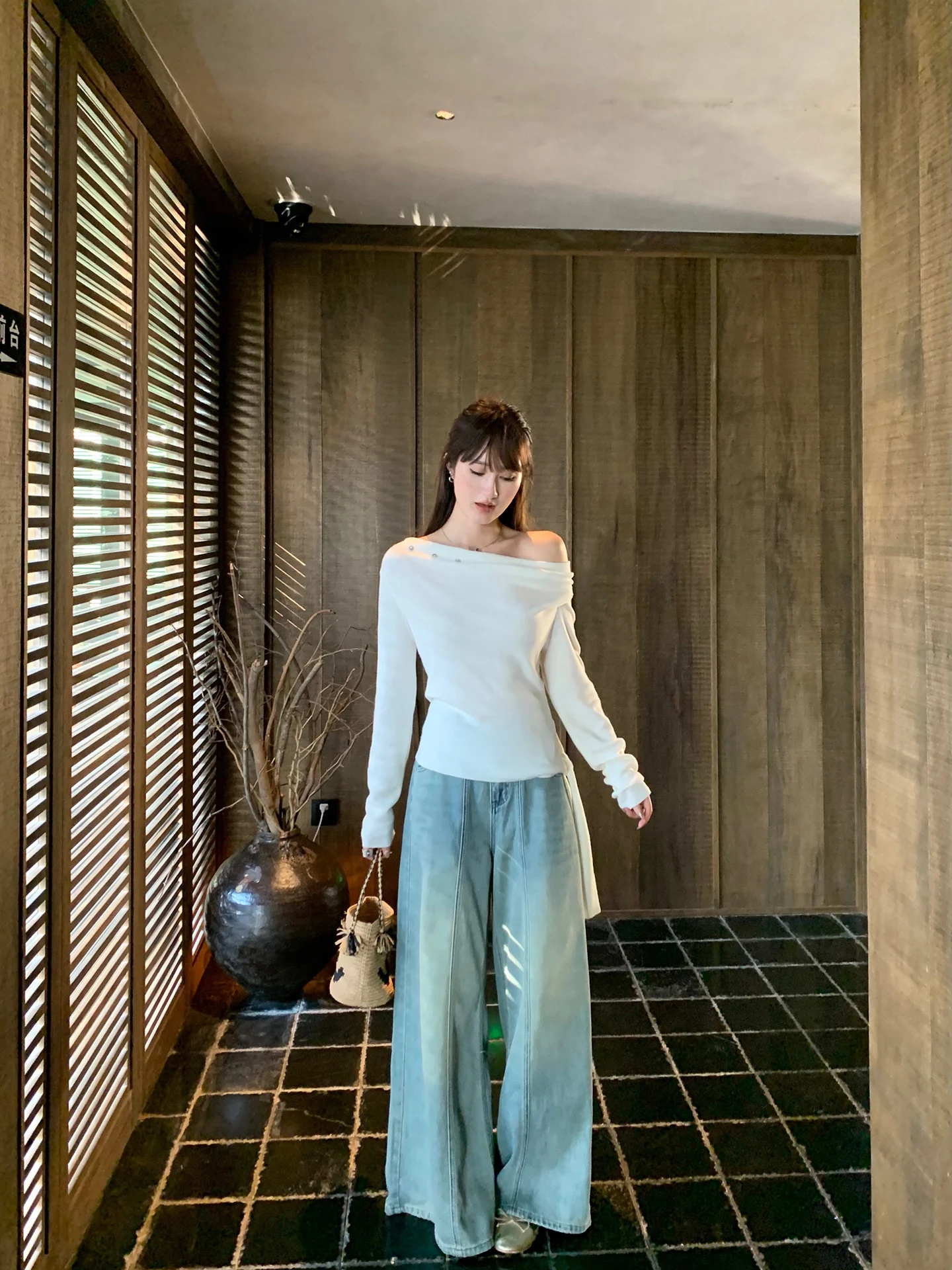 

White Studio Casual Street Sle Worn-In Look Wide Leg Straight Cut Jeans Floor-Length Loose Long Pants Women's High Waist Co...
