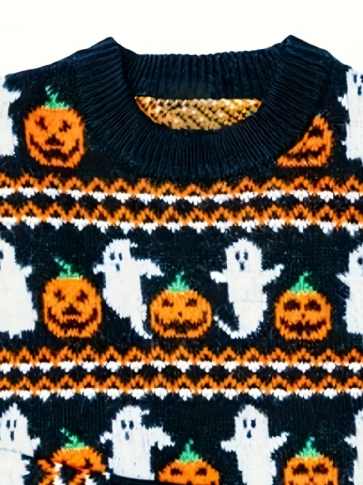 2024 sweter damski Halloween gotycki nadruk w dynię kobiecy elegancki modny sweter jesienno-zimowy ciepły sweter z dzianiny