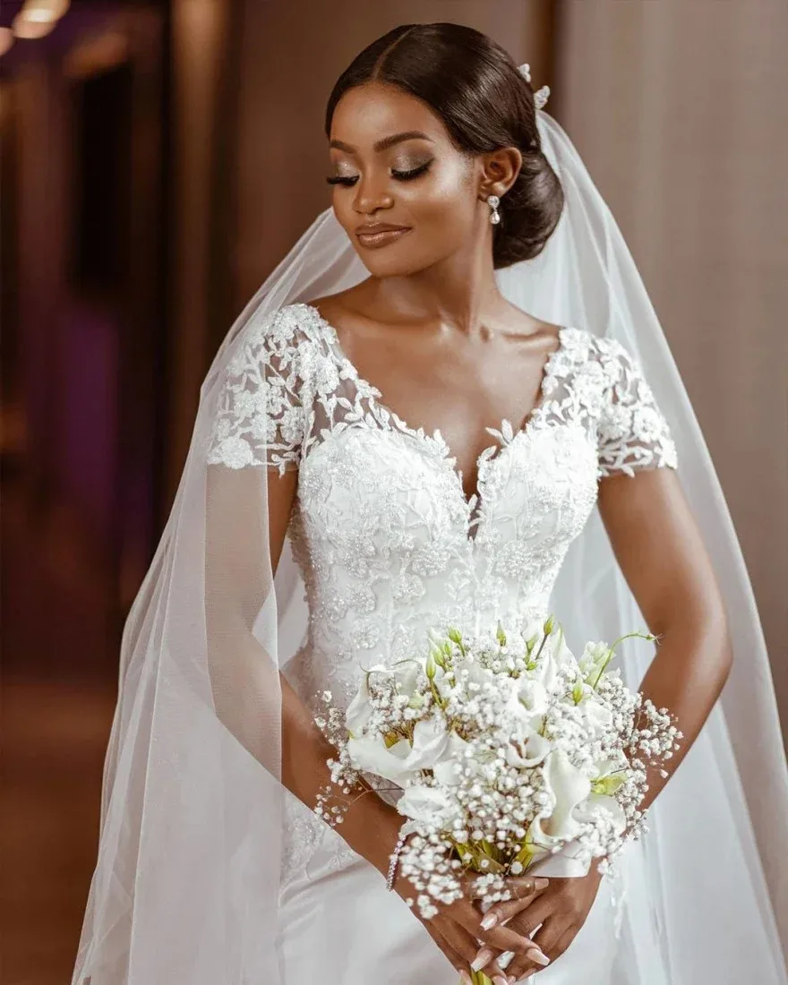 Custom Sparkly Mermaid Satin Long Sleeve Wedding Dress 2026 Lace Appliqus Vestido De Noiva Sereia African Bridal Gown