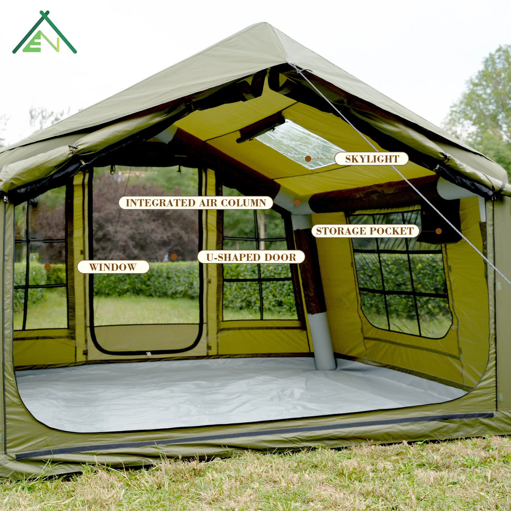 AT-8 Olive Green 8sqm Inflatable Camping House Four Season Waterproof 420D Oxford Air Column U Door Family Tent