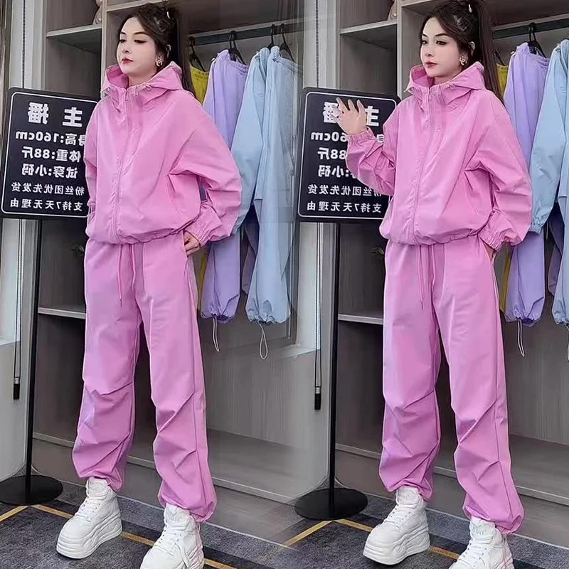 

Double zipper hooded assault suit women in spring 2025 new casual jacket and pants fashion versatile two-piece set